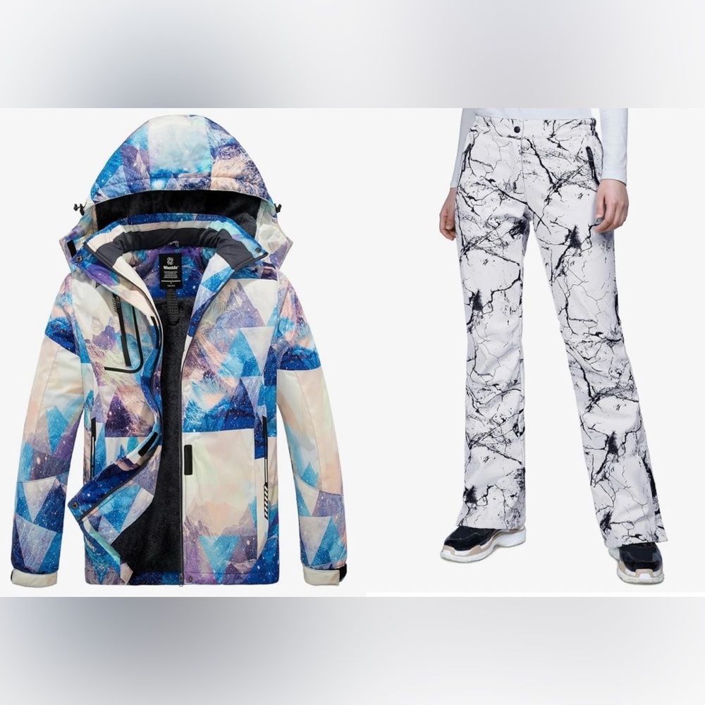 NWT Geometric Blue and White Ski Jacket and Marble Print Pants